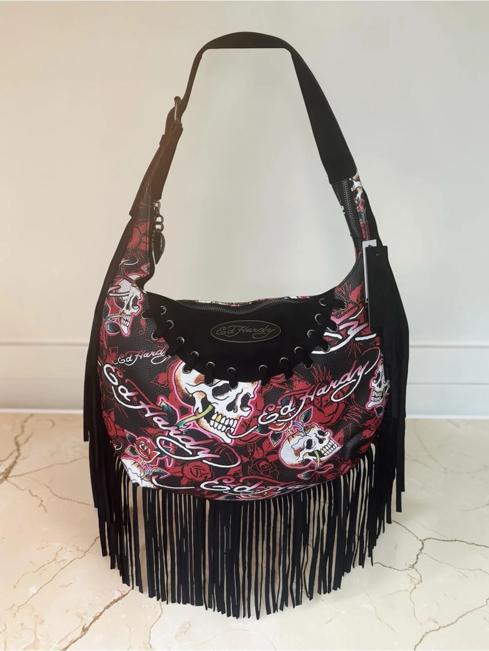 Ed Hardy Y2K Red Skull Rose Fringe Shoulder Bag Purse NWT